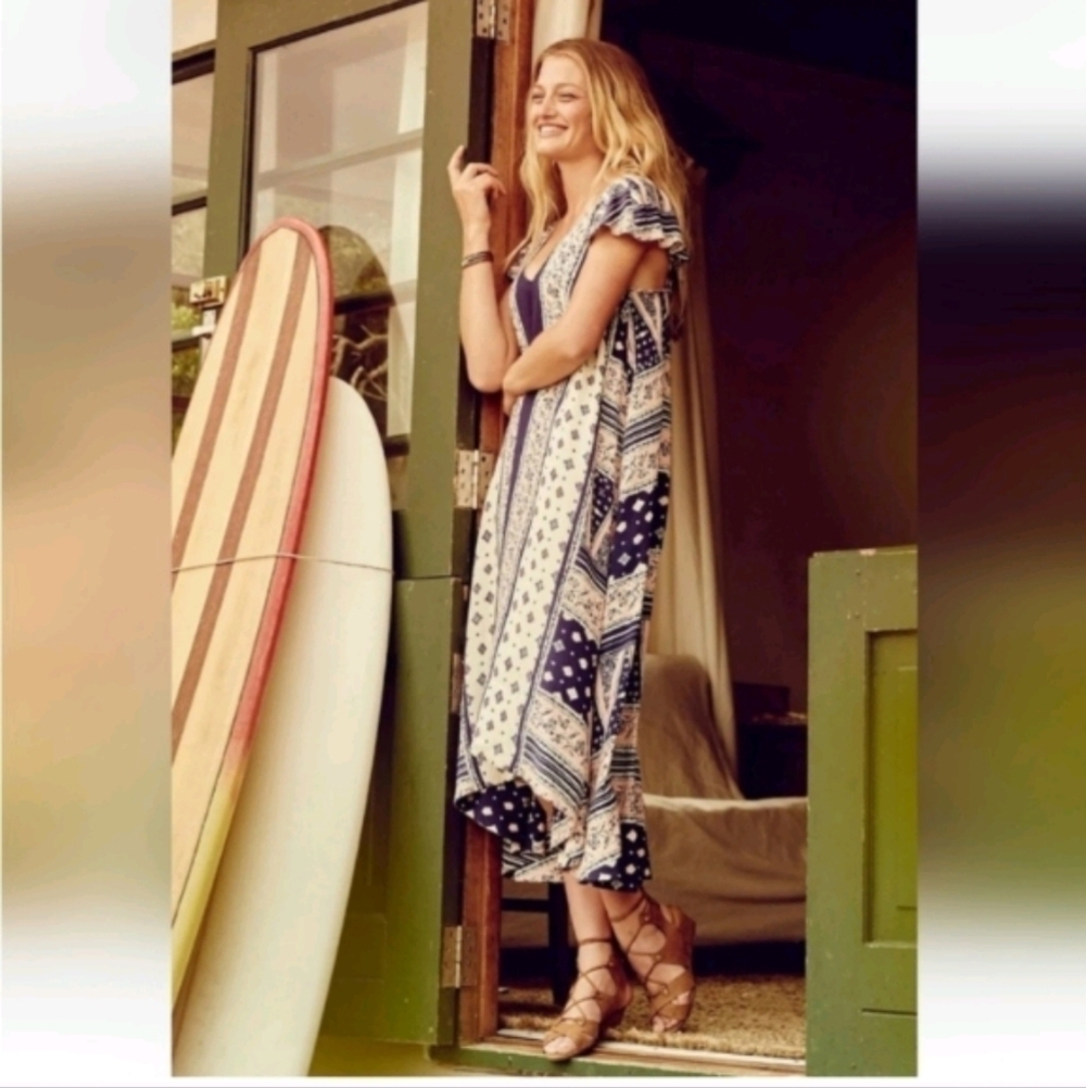 Anthropologie Maeve Summertide Midi High Low Flounce Sleeve Dress Loose sz S